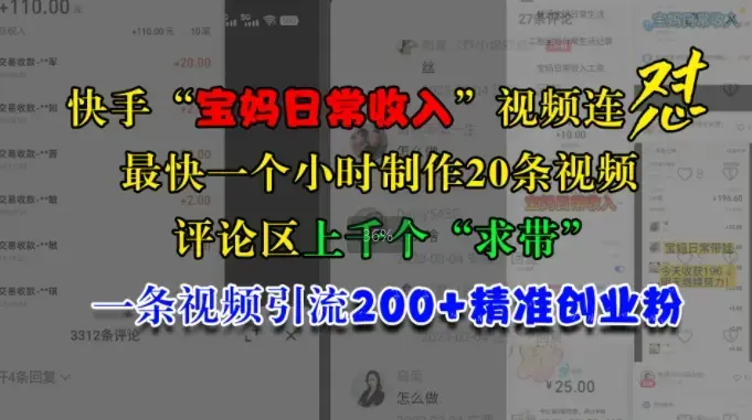快手“宝妈日常收入”视频连怼一条视频引流200+精准创业粉