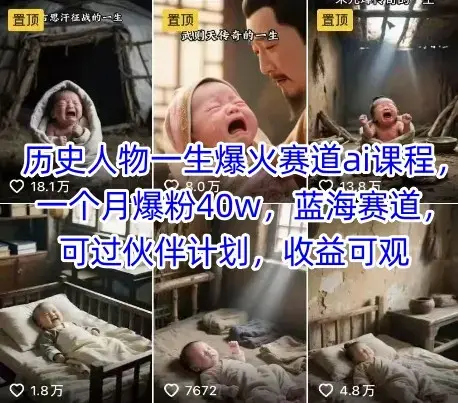 历史人物一生爆火赛道ai课程，一个月爆粉40w蓝海赛道，可过伙伴计划，收益可观【揭秘】