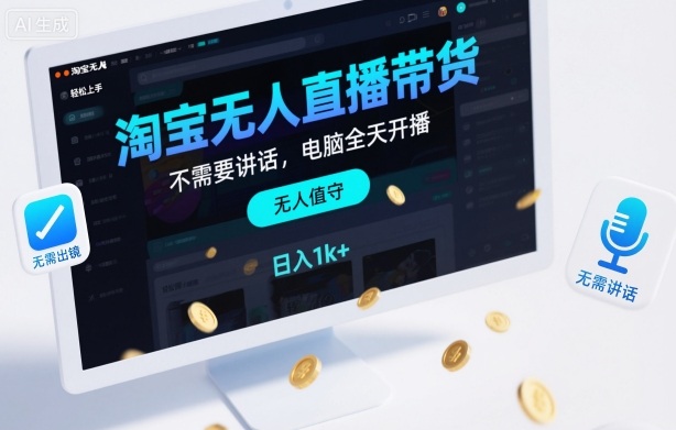 淘宝无人直播带货，不需要出镜，不需要讲话，电脑全天开播，轻松上手
